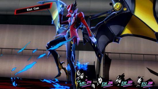 An image of a Persona from Persona 5 Royal, using the move 'Riot Gun' during a battle.