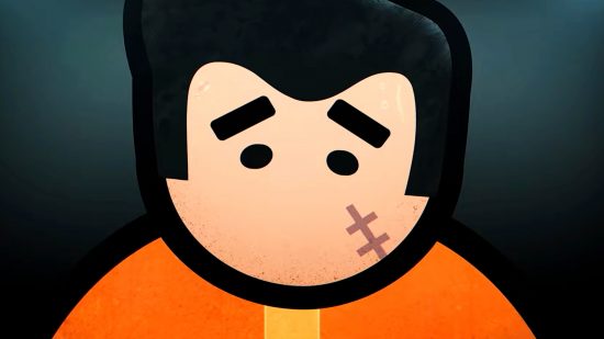 Prison Architect free game on Steam - a scarred convict in orange overalls raises their eyebrows in worry.