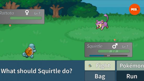 Een gevecht vindt plaats in Project Polaro tussen een squirtle en een rattata