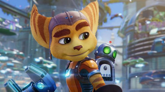 An image of Ratchet looking back at Clank, who is on his back, from the game Ratchet and Clank Rift Apart.