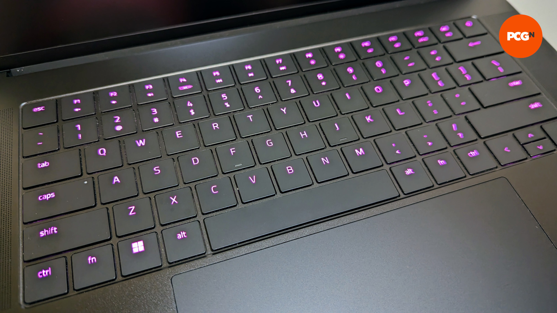 Razer Blade 16 (2023) review: A top-down view of the backlit keyboard