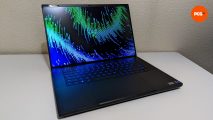 Razer Blade 16 (2023) review: A front view of the laptop, with its Razer wallpaper displayed on the screen