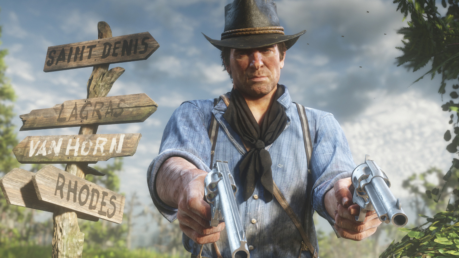 An image of Arthur Morgan, the main character from Red Dead Redemption 2, holding out two guns.