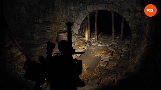 A sewer drain in Losomn with broken and bent bars, an item sitting directly ahead of it, containing a Manticora that hold the crafting material required to unlock the Remnant 2 Alchemist.
