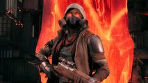 Remnant 2 archetype tier list: a hunter, with their hood up, gas mask on, and glowing red eyes.