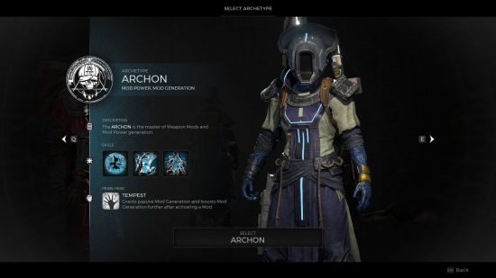 The Remnant 2 Archon as it appears in the character creation menu, kitted out in sci-fi mage robes.