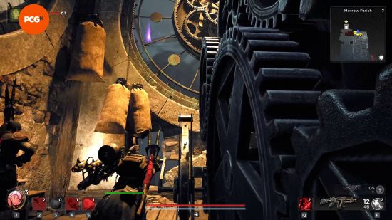 The Traveler manipulates the handle of the clock mechanism, raising the sandbags of the Remnant 2 clock puzzle that dislodge the weapon mod reward.
