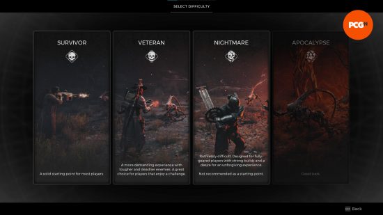 The four different difficulty levels of Remnant 2 as seen at the start of the game.