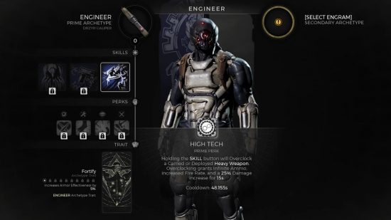 Çeşitli yetenekler, beceriler ve özellikler de dahil olmak üzere Remnant 2 Engineer arketipini içeren Karakter ekranı.