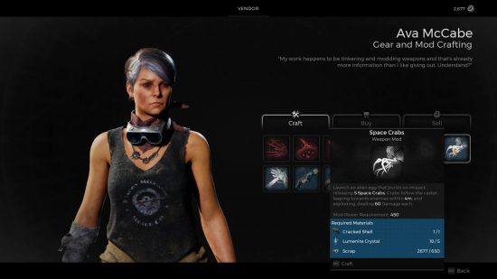Ava McCabe's merchant menu, displaying all the Remnant 2 mods collected so far.