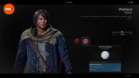 How to reset trait points in Remnant 2: The Wallace Vendor and the crafting screen showing the materials needed to craft the Orb of Undoing.