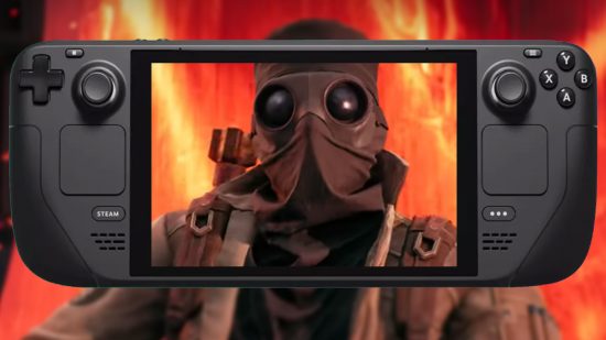 An image of a character from Remnant 2 with a gas mask on, with flames in the background.