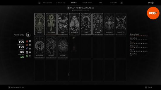 How to reset trait points in Remnant 2: The Traits menu screen, showing a list of traits, both purchased and unpurchased.