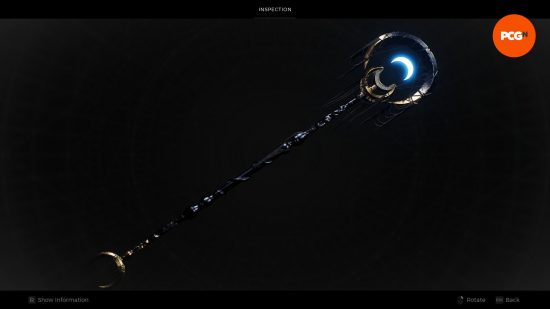 Dreamcatcher, one of the best weapons in Remnant 2, a long staff with the dreamcatcher of the same name and a bright blue crescent moon.