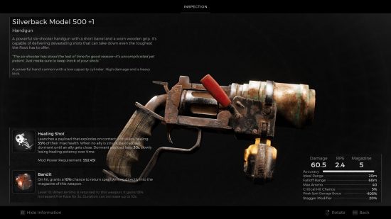 Remnant 2 weapons: The Silverback, a snub-nosed six-shooter handgun with a healing vial attached to the barrel as it appears in the inventory.