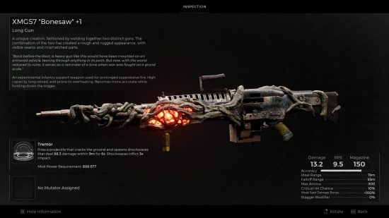 Remnant 2 weapons: The Bonesaw, a worn long gun held together by tape and corrupted by a Root-based weapon mod as it appears in the inventory.