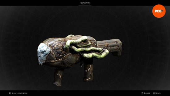 Nebula, one of the best weapons in Remnant 2, depicting the face of Tal'Ratha with organic tubes wrapped around its barrel.