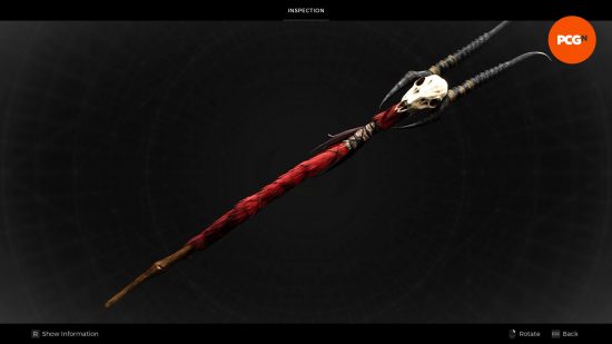 The Red Doe Staff, one of the best weapons in Remnant 2, adorned with a small deer skull with large antlers that act as sharp spikes for goring enemies in hand-to-hand combat.