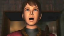 Resident Evil 2 first-person: A young woman, Claire Redfield from Capcom survival horror game Resident Evil 2, wears a shocked expression