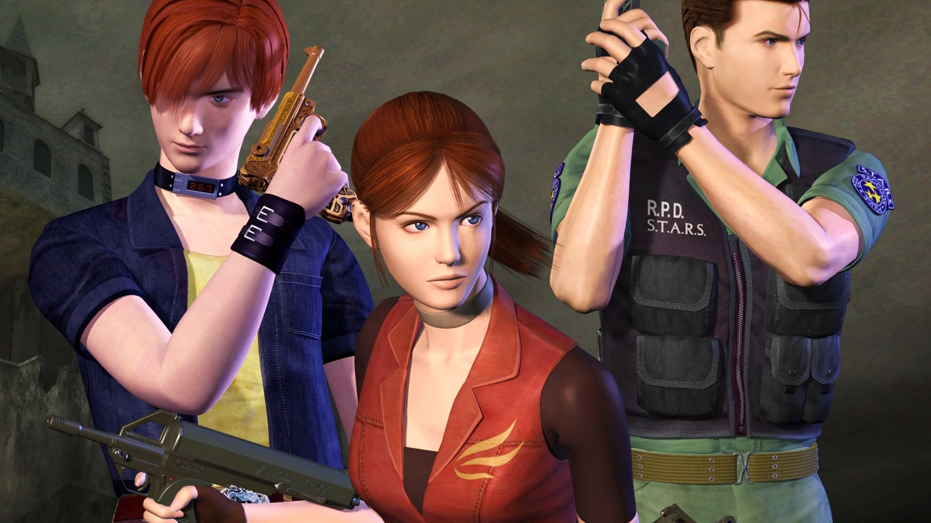Resident Evil 2 without moving: Three survivors, Chris Redfield, Claire Redfield, and Steve Burnside from Capcom horror game Resident Evil Code Veronica