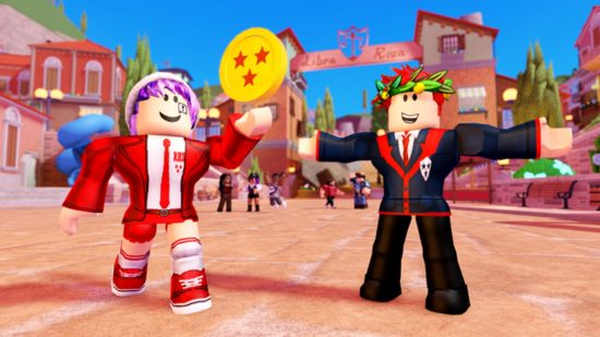Roblox Codes High School 2: Two blocky humanoid classmates have fun in the schoolyard.