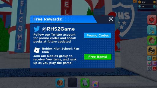 Roblox High School 2 Codes: A menu that prompts the player to enter free promo codes.