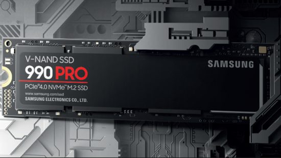 A Samsung 990 Pro SSD against a white-grey PCB