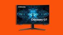 Samsung Odyssey G7 Amazon Prime Day deal: a black monitor appears in front of an orange background.