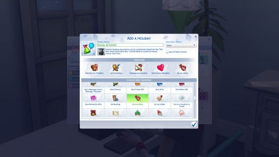 Die Sims 4 Mods: Ein Bildschirm, aus dem eine Auswahl an Feiertagen und Aktivitäten zur Auswahl der sozialen Aktivitäten ausgewählt werden