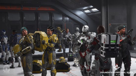 Star Citizen Foundation Festival - a group of spacefarers gather in a hanger, sorting out their equipment.