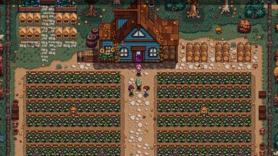Stardew Valley mods: a parent and their three children playing on a farm.