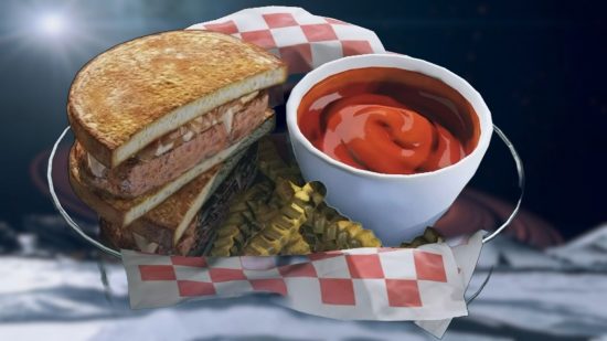 Starfield food: the starfield patty melt on a red and white checked napkin
