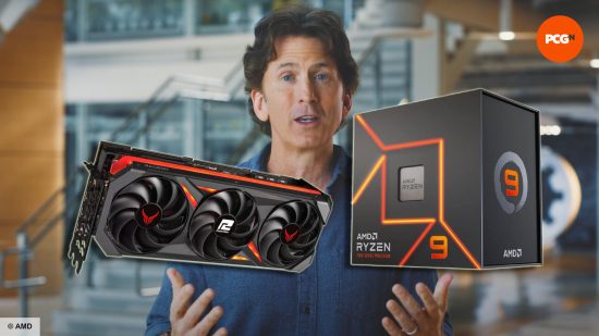 Starfield free with AMD CPUs and GPUs: Todd Howard, Bethesda CEO, stands looking into the camera with AMD hardware appearing next to his hands.
