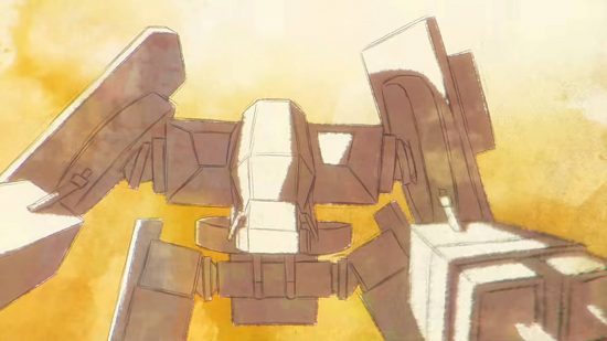 A sketch drawing of a Starfield mech as part of a flashback of the Colony Wars. The mech has an arm with rocket launchers inside.