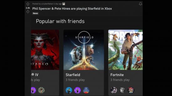 Starfield - Xbox image showing the space game listed under 'Popular with friends' and showing Pete Hines, Phil Spencer, and another user with a Starfield profile picture playing.