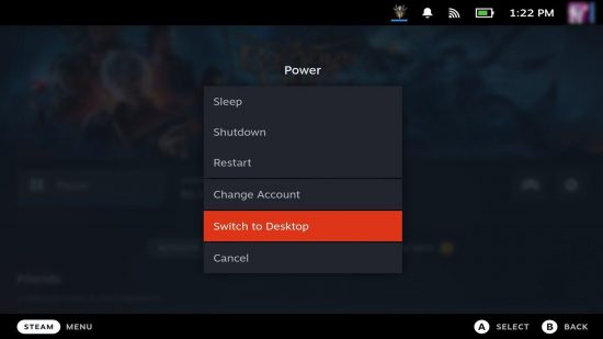 A screenshot from the Steam Deck showing where to access 'Desktop mode.'