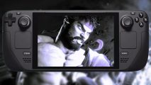 An image of Ryu from Street Fighter 6, in black and white, lookingly angrily towards the right side of the screen.