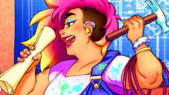 Steam sale Simfest - a pink-haired figure holds a hammer and a rolled-up blueprint.
