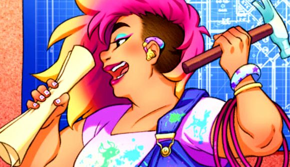 Steam sale Simfest - a pink-haired figure holds a hammer and a rolled-up blueprint.