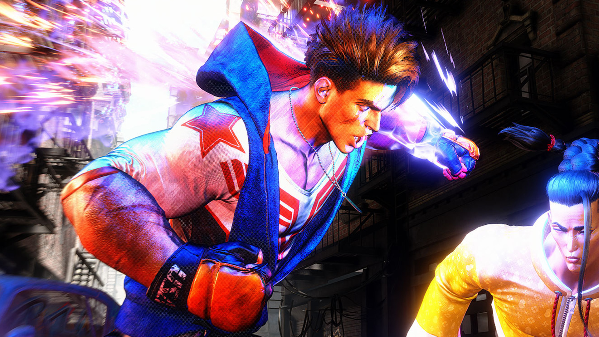 An image of Luke from Street Fighter 6, punching Jamie, another playable character in the game.