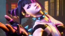 Street Fighter 6 sales - Juri, a woman in black and pink with a blue-spiked collar, reaches her hand out to beckon you for a fight.
