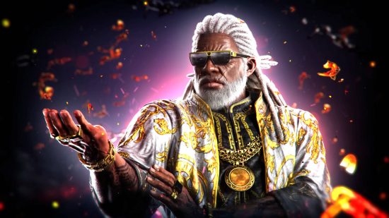 Leroy is one of the Tekken 8 characters in the roster and is a more recent inclusion. He is standing with a fighting pose, wearing sunglasses, chains, and an open shirt, and has white dreadlocks.