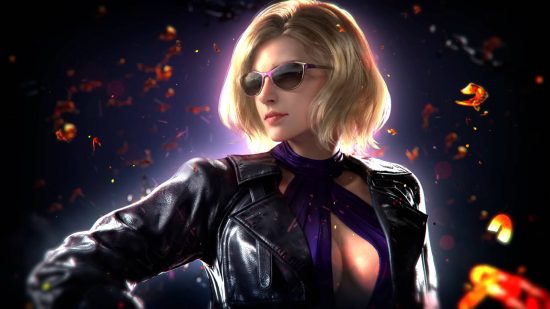 Nina Williams is one of the original characters now part of the Tekken 8 roster. She is wearing sunglasses, wearing a black leather jacket, and a purple scarf.