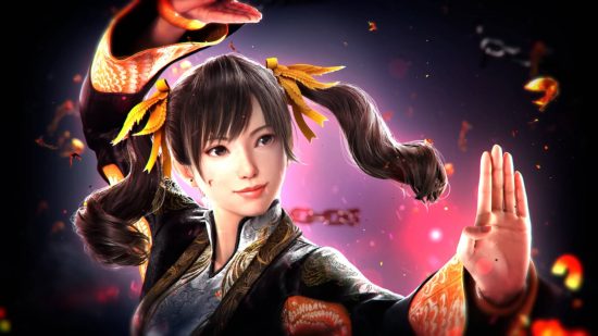 Ling Xiaoyu is wearing a Chinese dress and striking a fighting pose. She is one of the Tekken 8 roster characters.