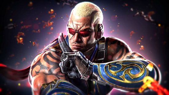 Raven is a returning character to the Tekken 8 roster. He is wearing sunglasses, has a scarred face, and has wristguards with a blue and gold design.