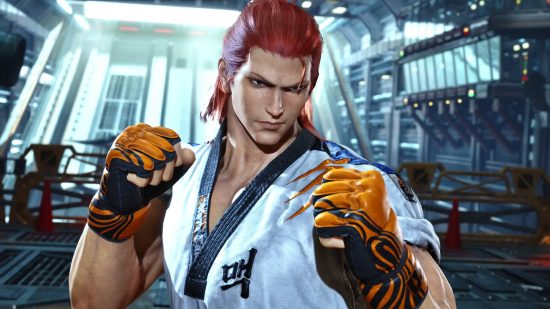 Hwoarang stands in a factory, ready to fight for the top place in the Tekken 8 tier list.