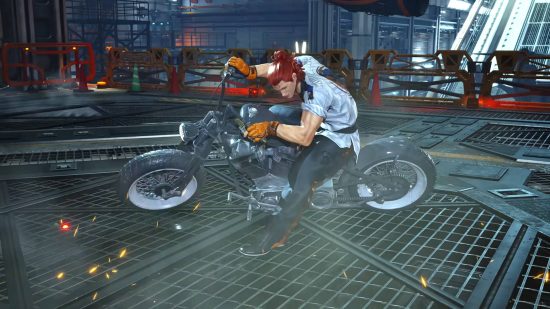 Hwoarang, dressed in his taekwondo gi, Akira slides into the top of the Tekken 8 tier list on his motorbike.