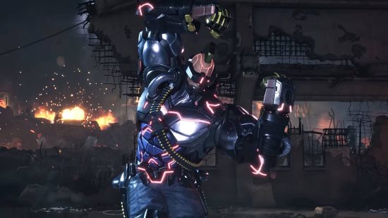 Tekken 8 tier list: Jack-8 is flexing as if he had muscles while a ruined building is on fire behind him.