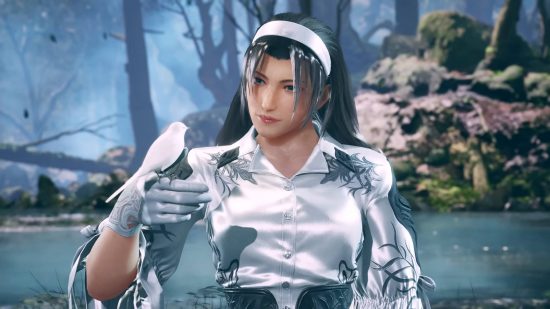 Jun Kazama is holding her finger out for a bird to stand on. She's probably about to talk to it about why she's near the top of the Tekken 8 tier list.