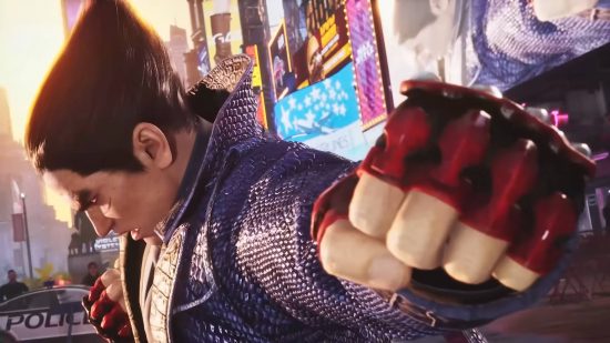 Tekken 8 tier list: Kazuya stands in the middle of Times Square, punching the air while wearing a scaly purple trenchcoat.